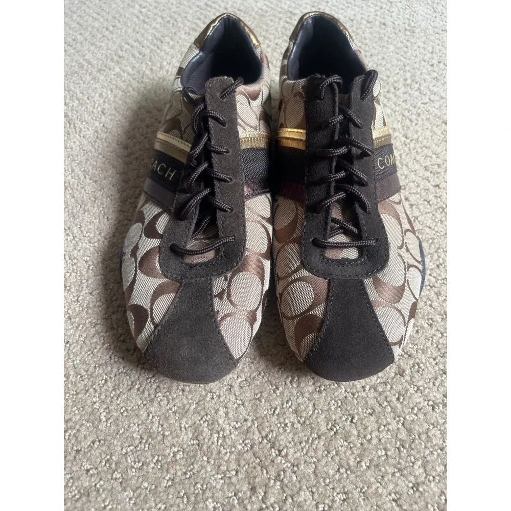 Coach Womens Signature Jacquard Sneakers Brown Gold Metallic Logo Shoes Low Top